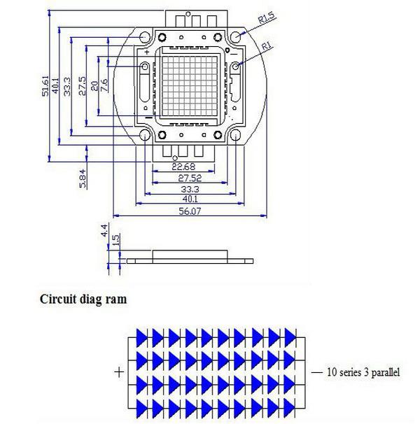 30W High Power LED dimensions diagram showing 56×40mm size specifications